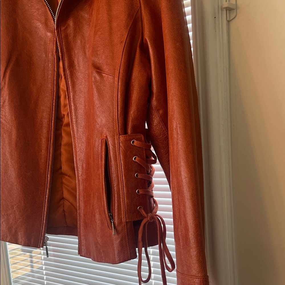XOXO Women's Rust Faux Leather Jacket with Faux Fur Collar - Picture 3 of 11